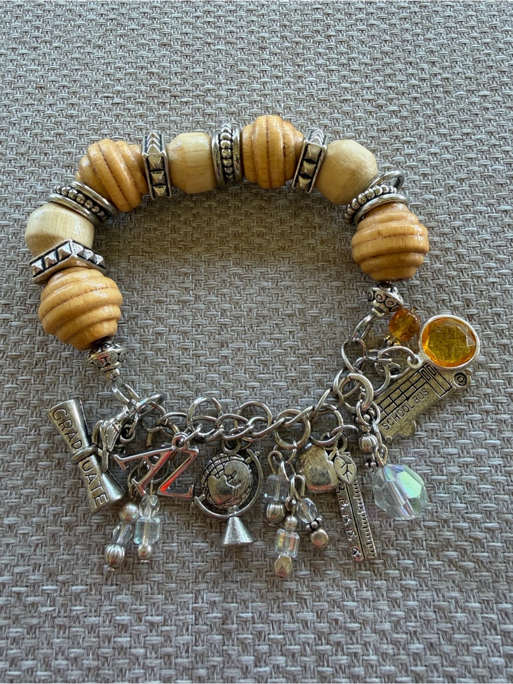 Multi Charm Wooden Beaded Bracelet Silver Spacers Back To School Themed Charms